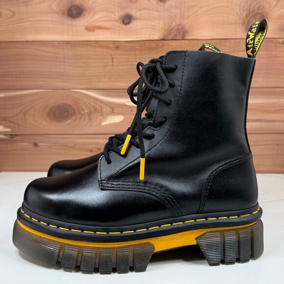 Dr. Martens Audrick Boot Black Leather Yellow Stitch Platform Women's size 8 - Picture 4 of 16